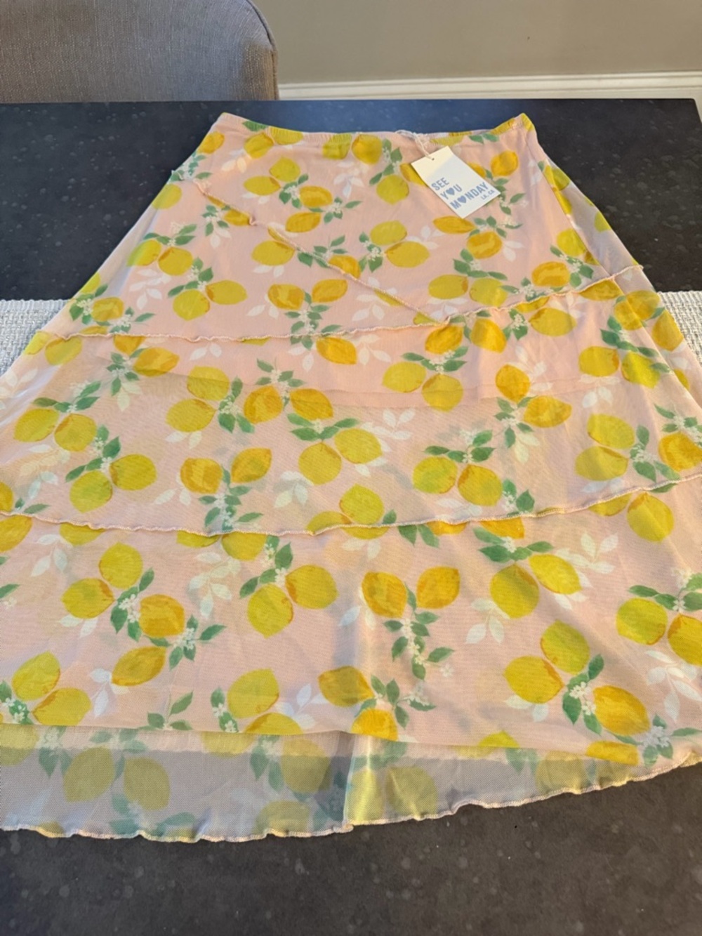 See You Monday Pink Midi Skirt with Yellow Lemon Print